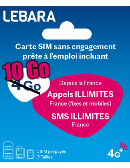 Carte sim prépayée lebara mobile 4G 7,5€ de credit inclus(reseau